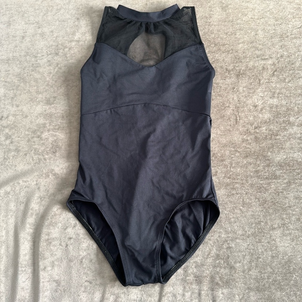 Ainsliewear sheer top leotard. High neckline cutout back.Color- black. Size Med